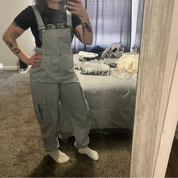Stylish Silver Overalls Street Flap Pocket Side Belt Cargo Jumpsuit Without Top - Picture 8 of 9